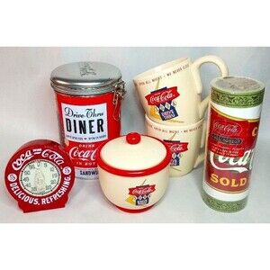 Coca Cola :  Coffee / Teacups, Sugar Bowl, Kitchen Timer, Cannister and Trim